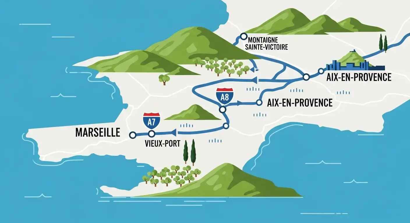 Carte stylisée trajet Marseille Aix-en-Provence avec bornes kilométriques