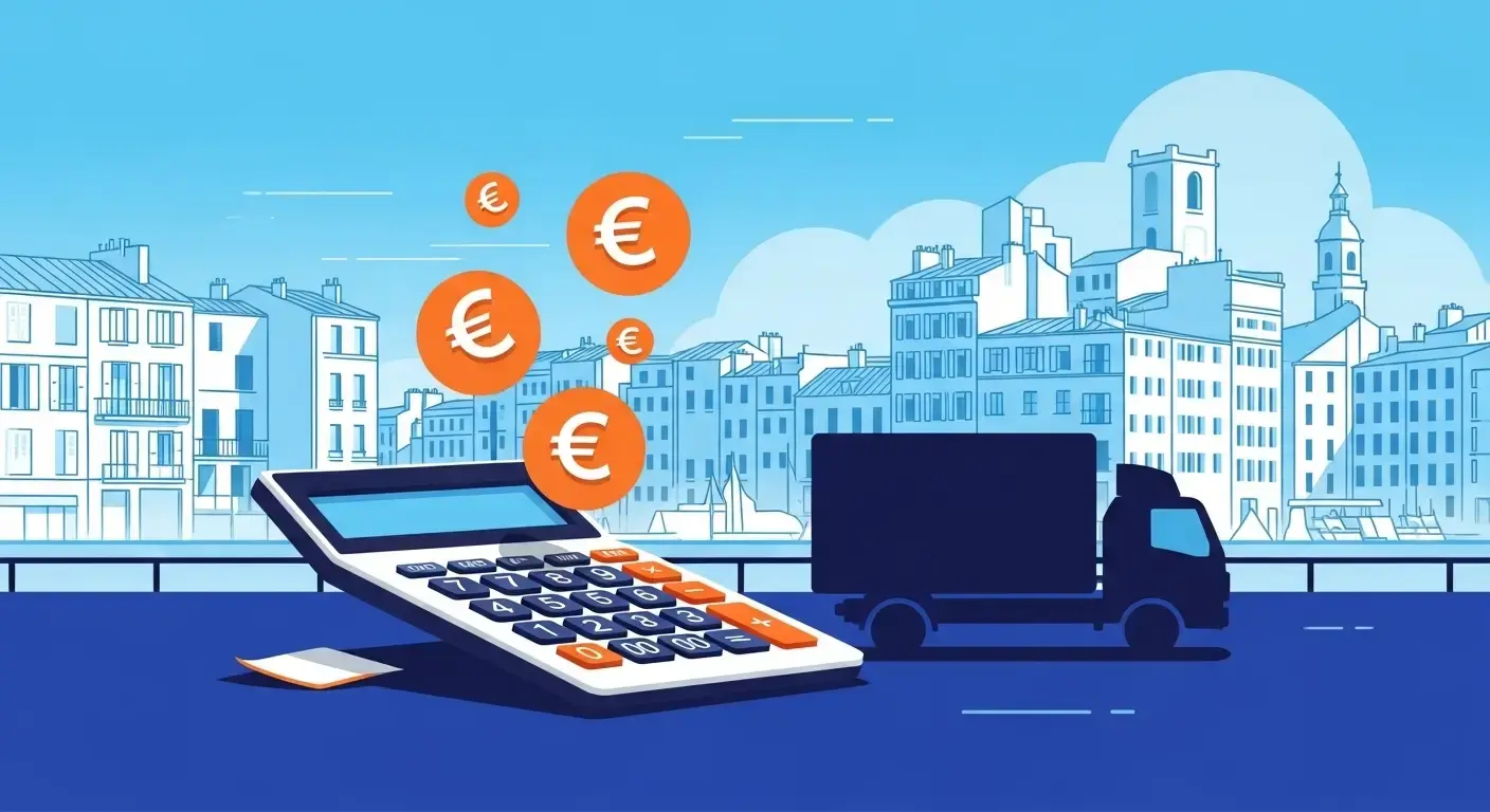 Calculatrice avec symboles euro et camion de déménagement sur fond Marseille