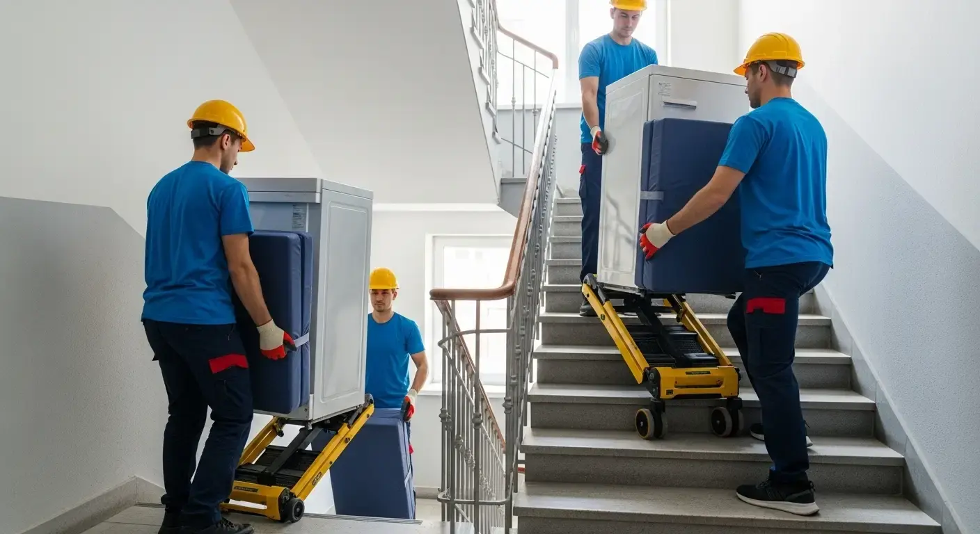 Déménageurs montant escaliers avec électroménager et équipement spécialisé