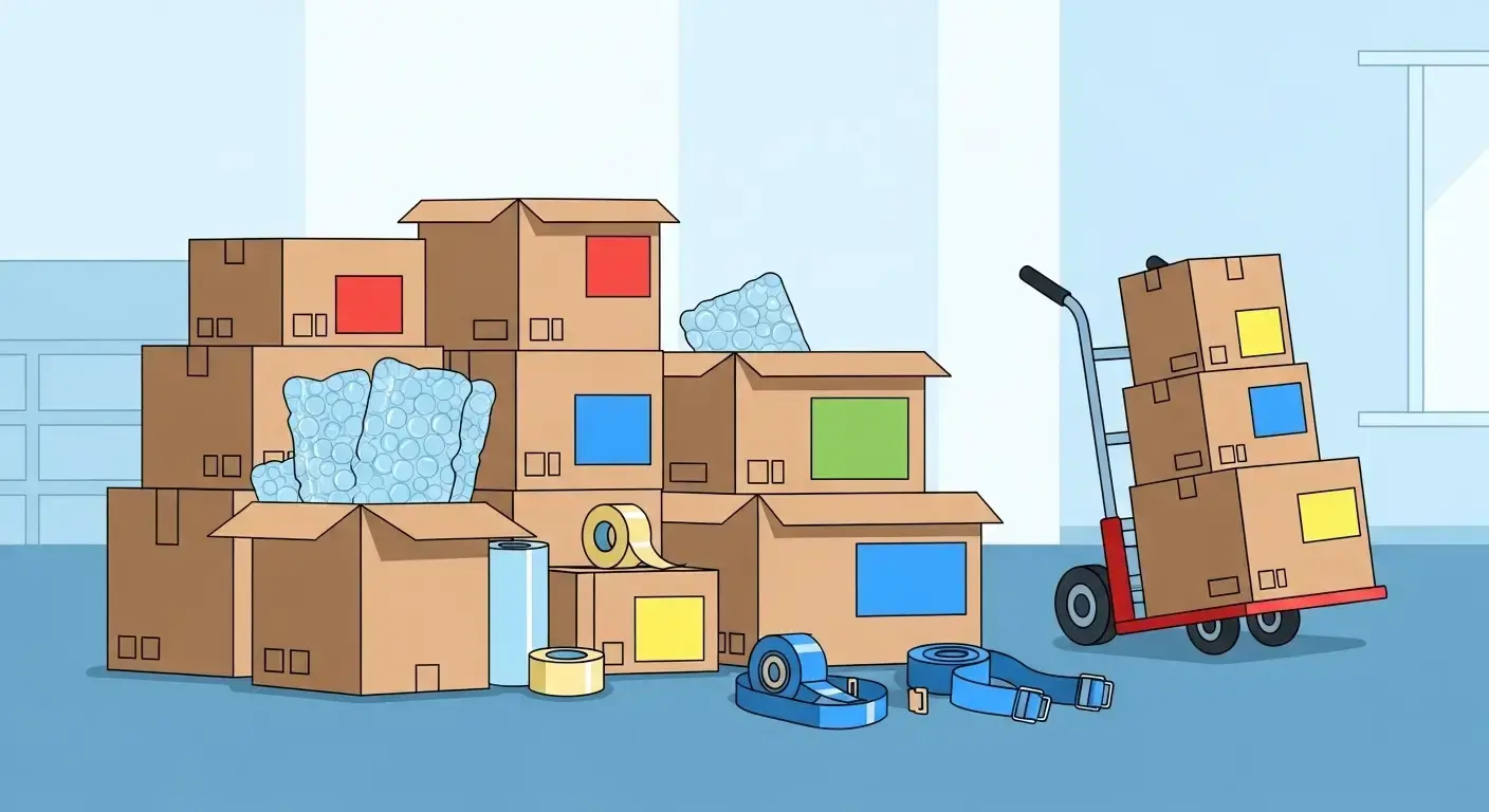 Checklist déménagement avec cartons étiquetés et matériel d'emballage professionnel